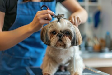 A pet groomer wearing a blue apron gently uses pet scissors. Trim the fur of small dogs. In a fully equipped barber shop