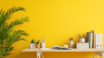 An airy office space with a neat desk, arranged with books and supplies, against a gentle yellow wall, offering a bright and inviting space for text or products.