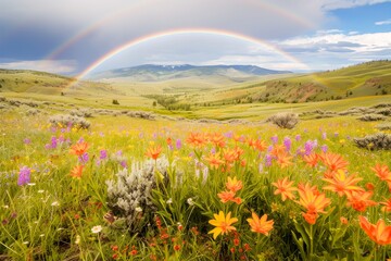 Vibrant landscape with a double rainbow arching over a colorful meadow of wildflowers and green hills under a cloudy sky.