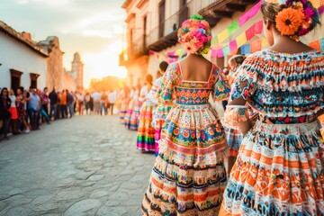 Women in traditional Mexican dresses at a vibrant cultural festival parade on a sunny day.