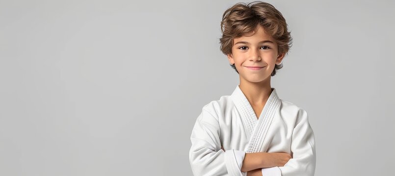 Cheerful european boy at judo or karate training lesson with copy space for text placement - Powered by Adobe