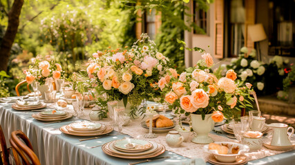 Fototapeta na wymiar Elegant garden party table setting with floral centerpieces, fine china, and glassware in a serene outdoor setting.