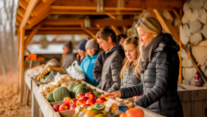 A family is shopping for fresh fruits and vegetables at a local farmer's market on a cozy autumn day.
