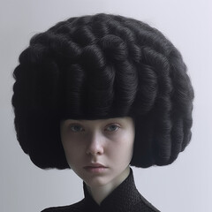 portrait d'une femme blanche avec une coupe de cheveux afro  fond blanc
