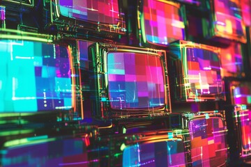 Obraz premium vintage wall of televisions abstract holographic texture.
