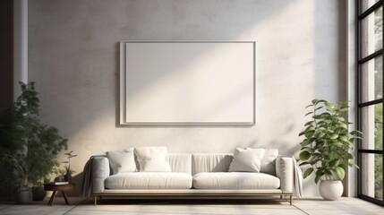 a white sofa and a poster in an empty living room