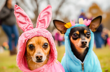 Two adorable dogs dressed in cute costumes, celebrating a festive event, looking curiously at the camera.
