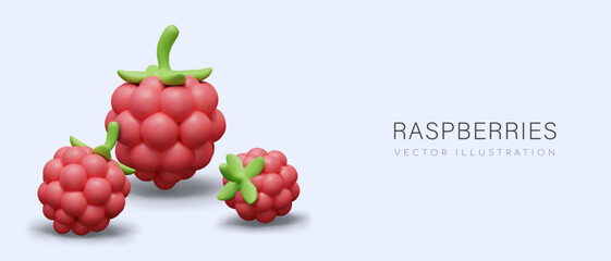 Advertising concept with 3D raspberries. Appetizing berries in cartoon style
