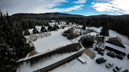 Landscape view from the drone with mountains with snow on Winter in Romania - obrazy, fototapety, plakaty