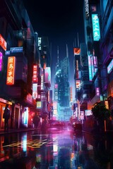 A man strolls through a rainy street in a neonlit city at night. , generated by AI - obrazy, fototapety, plakaty