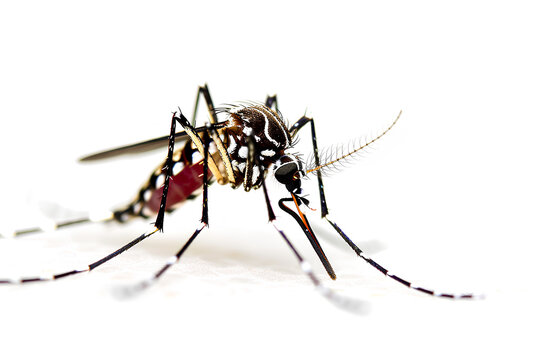 Macro image of a dengue mosquito on a white background. Aedes mosquitoes can spread various viruses to people when they bite. Including dengue fever, they are the cause of many human deaths.