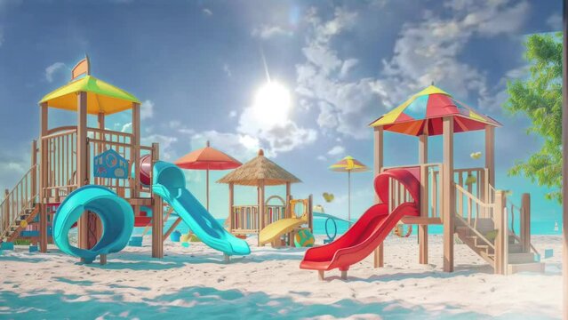 playground on the beach in the summer background. Cartoon or anime watercolor digital painting illustration style. seamless looping 4k video animation background.