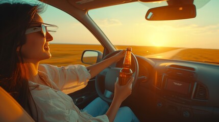 Intoxicated woman endangering lives while driving under the influence of alcohol - obrazy, fototapety, plakaty