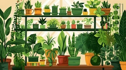 Collection of various home plants. Home gardening, greenery, interior design with plants, hobby concept