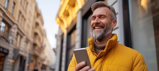 Cheerful bearded man using smartphone in shopping center with copyspace for text placement