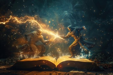 Ancient books clash in magical battles amidst sparks of fire.