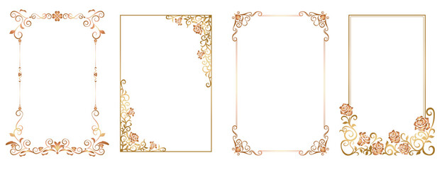 Decorative vintage frames and borders set. Gold photo frame. Wedding and restaurant menu.