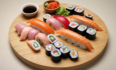 Sushi Oasis: Wooden Table Extravaganza in a Testy Kitchen - obrazy, fototapety, plakaty