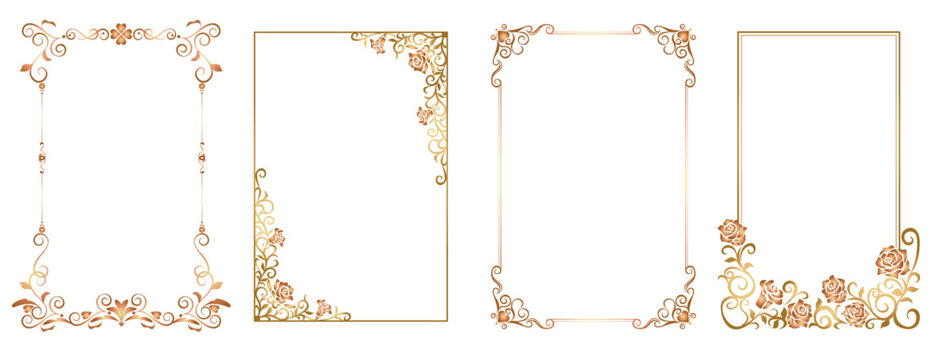 Decorative vintage frames and borders set. Gold photo frame. Wedding and restaurant menu.