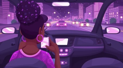 Reckless young woman jeopardizing safety by using smartphone while driving, unsafe driving concept - obrazy, fototapety, plakaty