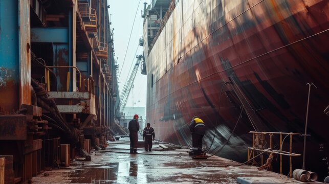 Worker cleans the hull of an old ship from rust. Vessel renovation.