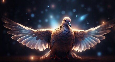 Winged dove in the dark background