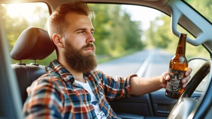 Naklejka premium Dangerous drunk driving concept with young man holding wine bottle while driving car