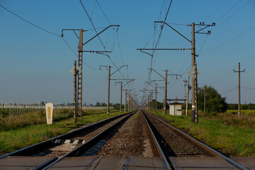Fototapeta premium A railway in perspective against a background of blue sky, a field with sunflowers and an apple orchard at sunset