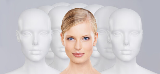 Woman, mannequins and portrait for identity, beauty and individuality on studio background. Person,...