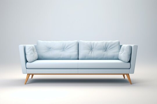 Contemporary Nordic couch in 3D with pale blue tone. Generative AI