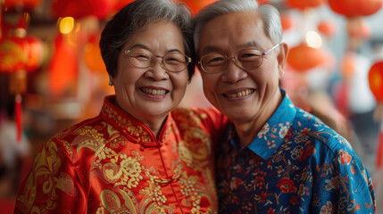 Obraz na płótnie Canvas Joyful Senior Asian Couple in Traditional Attire Celebrating Lunar New Year