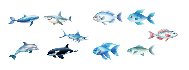 Realistic Vector Illustration of Various Marine Animals Including Whale, Shark, and Fish