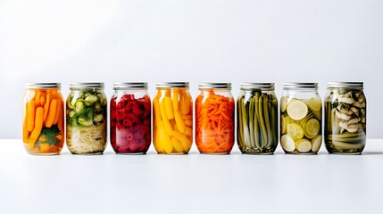 Pickled vegetables in glass jars on white background - obrazy, fototapety, plakaty