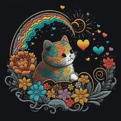 3d Ornamental embroidery kitten with love hearts, rainbow, sun and flowers. Textured colorful tapestry stitching lines cute little cat. Embroidered decorative beautiful vector background illustration