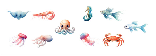 Colorful and Detailed Illustration of Various Sea Creatures Including Stingray, Shrimp, Octopus, Jellyfish, Seahorse, Fish