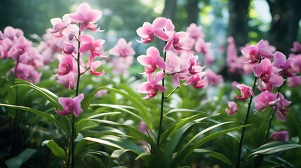 pink wild orchid in green bamboo forest, nature background banner wallpaper - obrazy, fototapety, plakaty