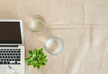 Fototapeta na wymiar Overhead shot highlighting a minimalist arrangement with a sleek laptop, a pen placed beside it, a small succulent plant adding a touch of greenery, & a glass of water, all on a serene beige surface.