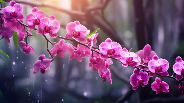 pink wild orchid in green bamboo forest, nature background banner wallpaper