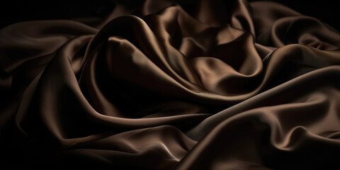 Dark Brown satin drapery fabric on black background. Brown or Chocolate color Silk fabric as background texture, close-up