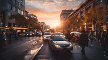 Fotobehang timelapse of busy urban downtown sunset city crowd people commuter transportation intersection street motion people and car taxi strret scene pedestrian city people lifestyle © Ziyan
