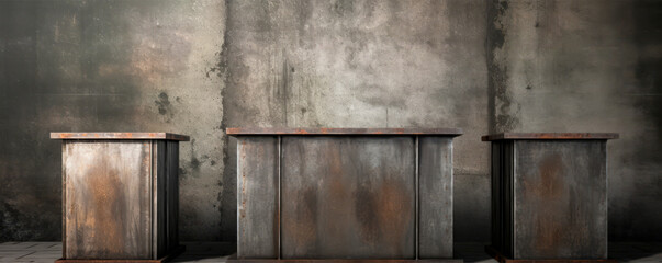 A minimalist metallic block on a reflective surface and dark background, evoking modern art and industrial design.