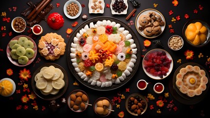 Top view of chinese new year desserts and sweets

