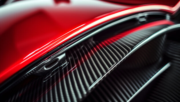 Close-up macro photo of dark, cool carbon fiber material on a red sports car's curves.. Light is reflecting off the material, creating a bright contrast.