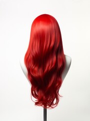 Red long wavy hair wig on a mannequin head on white background, back view.