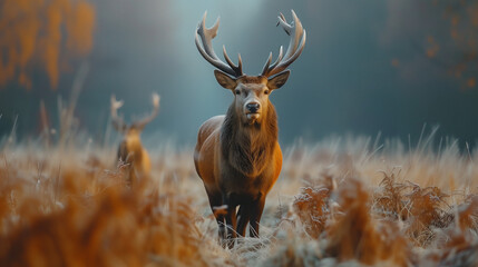 Portrait of majestic red deer stag in Autumn Fall. A young Red deer stag. Red deer portrait in autumn meadow. copy space for text. Wild animal in nature. Raindeer.
