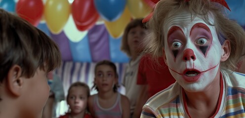 Fototapeta na wymiar A clown with bulging eyes looks at the children in surprise