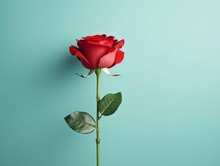 Fototapeta premium Red rose with leaf on light blue background