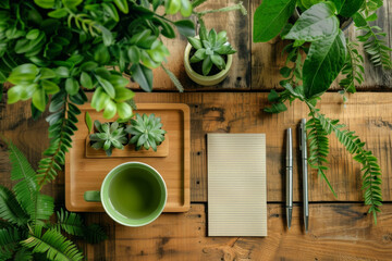 Overhead shot featuring lush potted plants placed around a wooden desk organizer holding pens and a notepad, with a green tea cup resting amidst the foliage, set against a warm wood backdrop.