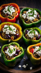 Mediterranean quinoa stuffed bell peppers with kalamata olives and feta cheese. 