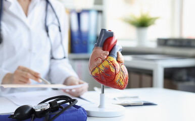 Anatomical model of the heart on the doctor's table, close-up. Workplace of a cardiologist,...